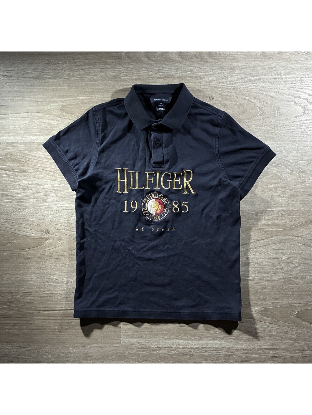 Tommy Hilfiger Mens S Navy Blue Embroidered Hilfiger 1985 Crest Polo Shirt Slim